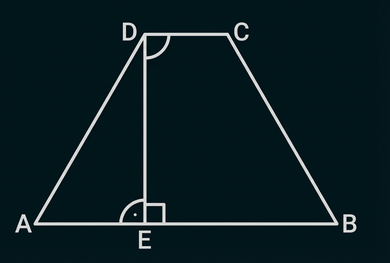 Trapez mit oberer Basis DC, unterer Basis AB; senkrechte Höhe DE mit rechten Winkeln bei D und E.